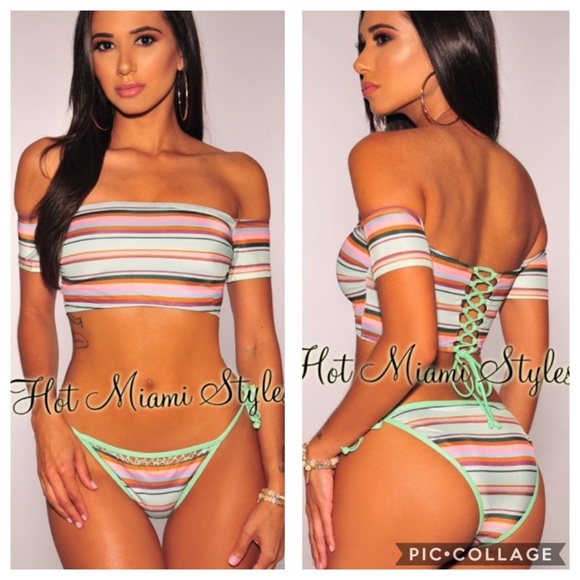 Hot Miami Styles Other - NWT HMS Mint Striped Off Shoulder Lace Up Bikini